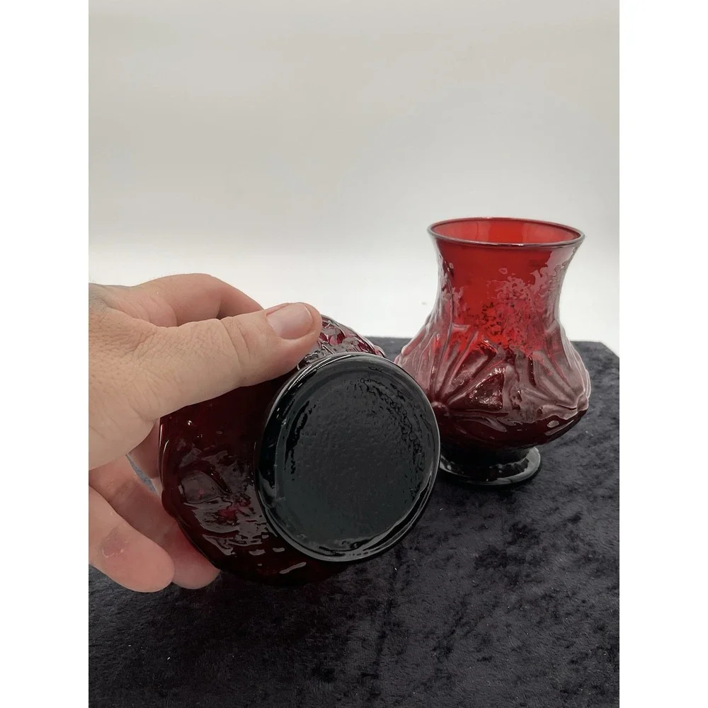 2 VIntage Royal Ruby Red Rainflower Anchor Hocking Mid Century Vases 1950s